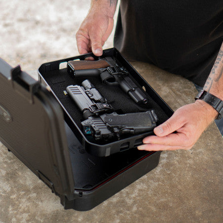 Vaultek XE-SK Range Kit configured in an open Vaultek LifePod XE for range-day handgun transport