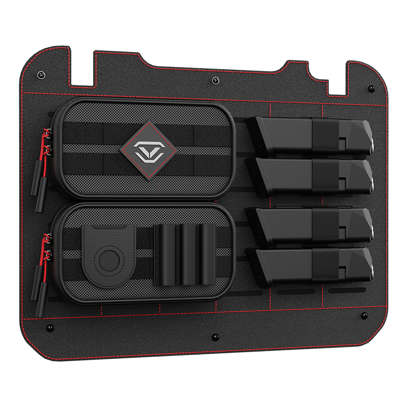 Vaultek XE-RK Range Kit assembled on the MOLLE backer with zip pouch, 3-slot organizer, patch, and four mags in elastic loops