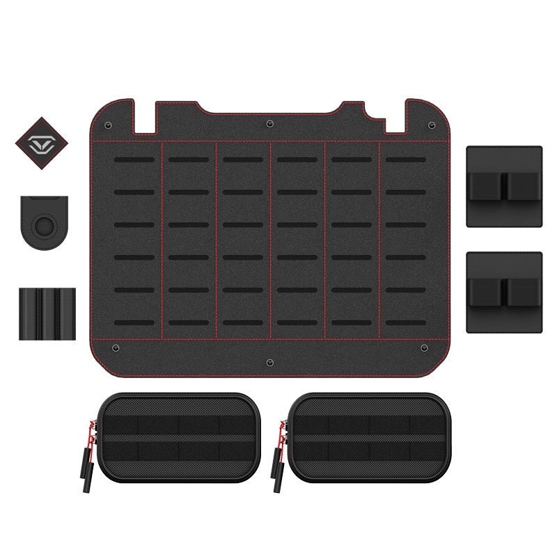 Flat lay of the Vaultek XE-RK Range Kit components separated from the MOLLE backer panel ready for installation