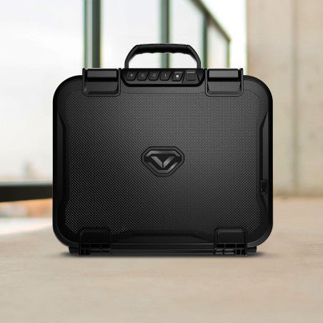Vaultek LifePod XE Biometric Edition closed, front-facing view with Smart Sense keypad and Covert Black textured finish