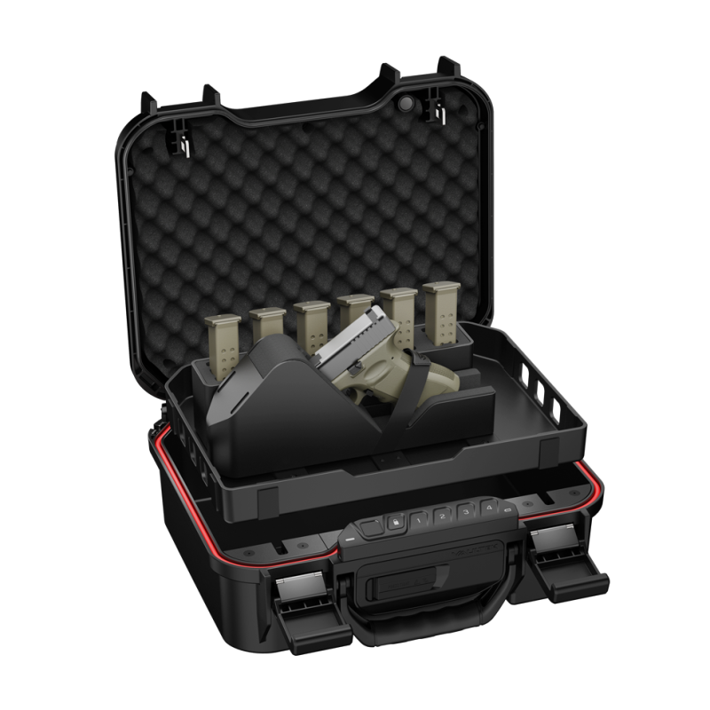 Black protective case with foam lining containing a handgun and ammunition on a white background