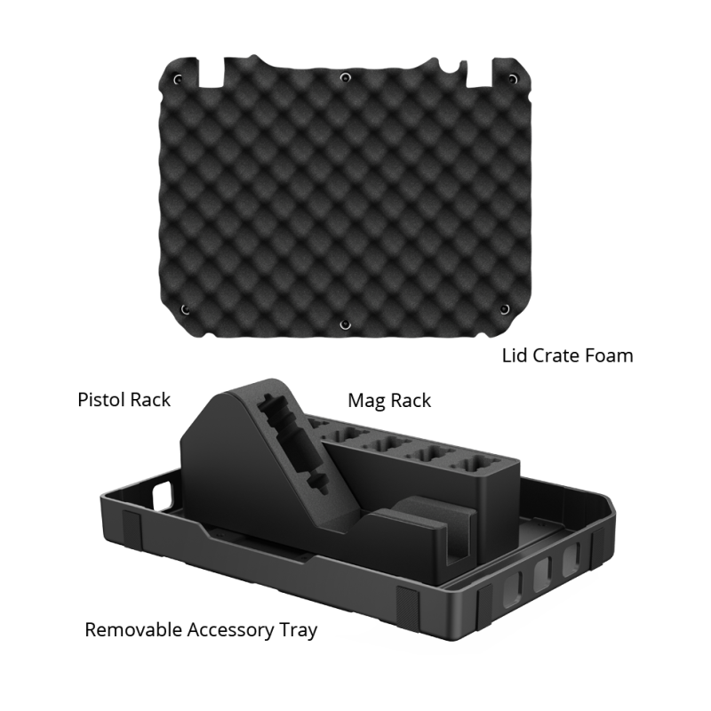 Black foam-lined storage case with labeled components on a white background