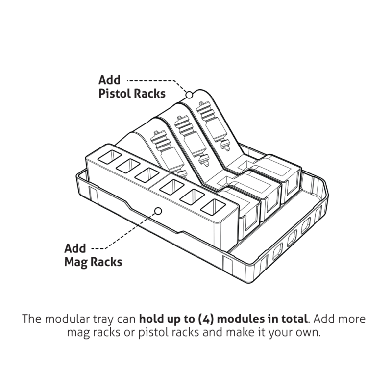 Diagram of a modular tray with pistol and mag racks on a white background