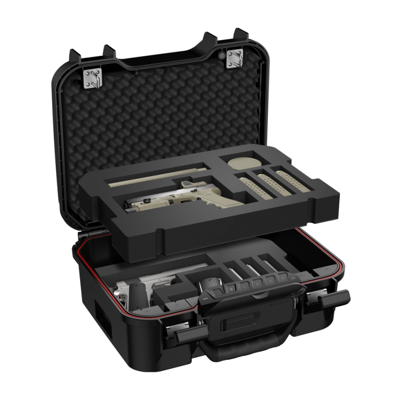 Black protective case with foam interior holding electronic components on a white background