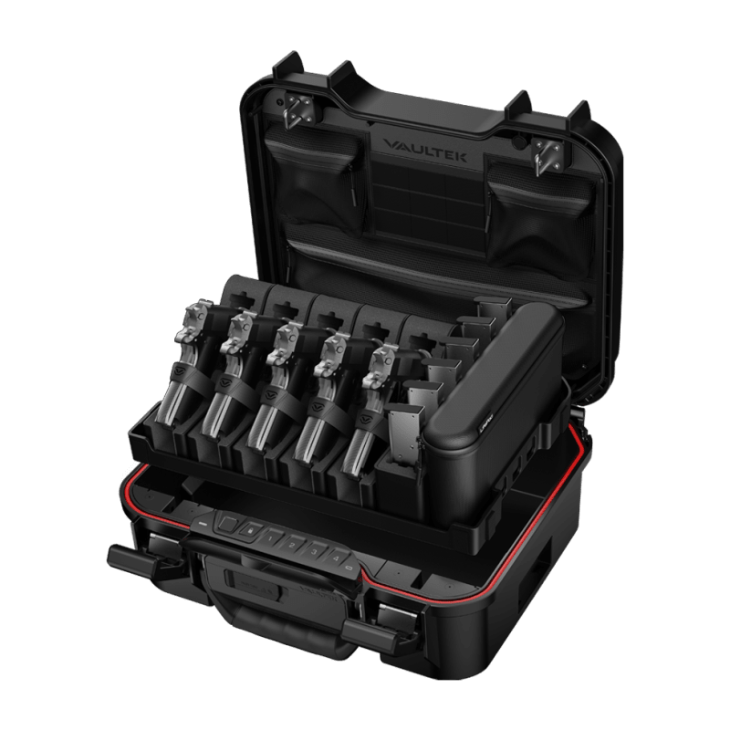Vaultek LifePod XT Range Edition Biometric Firearm Case with Tray Lifted & Handguns/Mags Shown