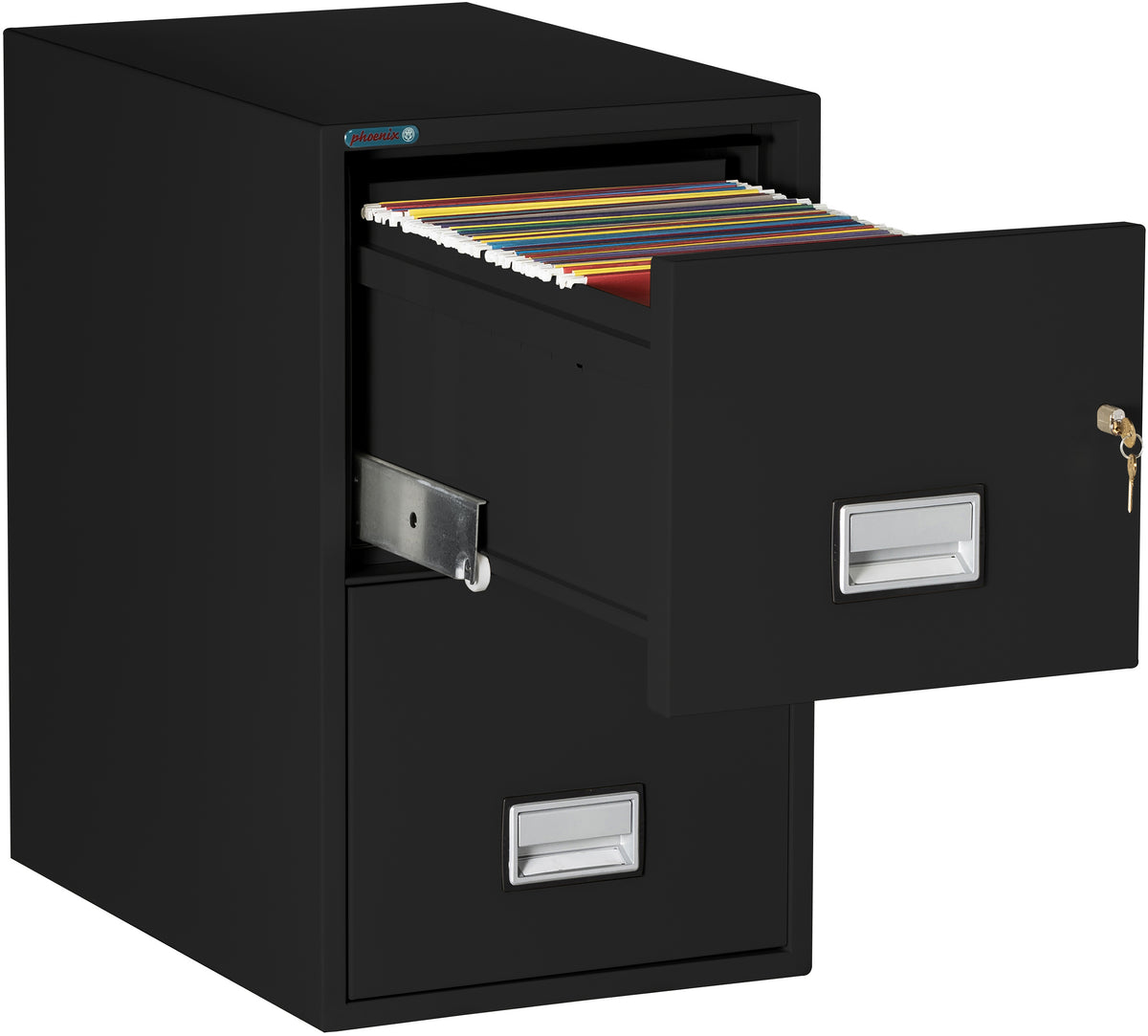 Phoenix Safe LTR2W25 25 inch 2 Drawer Letter Vertical Fire File Cabinet Black Top Drawer Open
