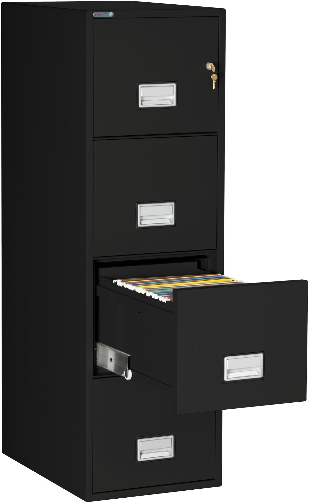 Phoenix Safe LTR4W25 25&quot; 4 Drawer Letter Vertical Fire File Cabinet Black Third Drawer Open