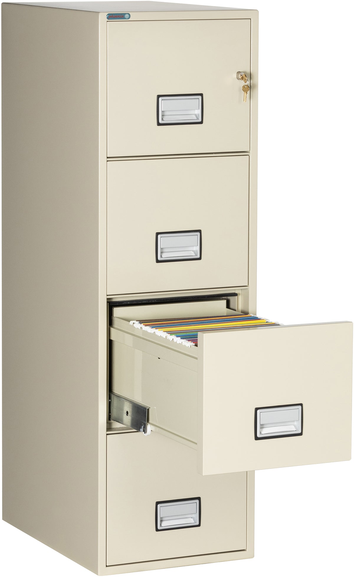 Phoenix Safe LTR4W25 25&quot; 4 Drawer Letter Vertical Fire File Cabinet Putty Third Drawer Open