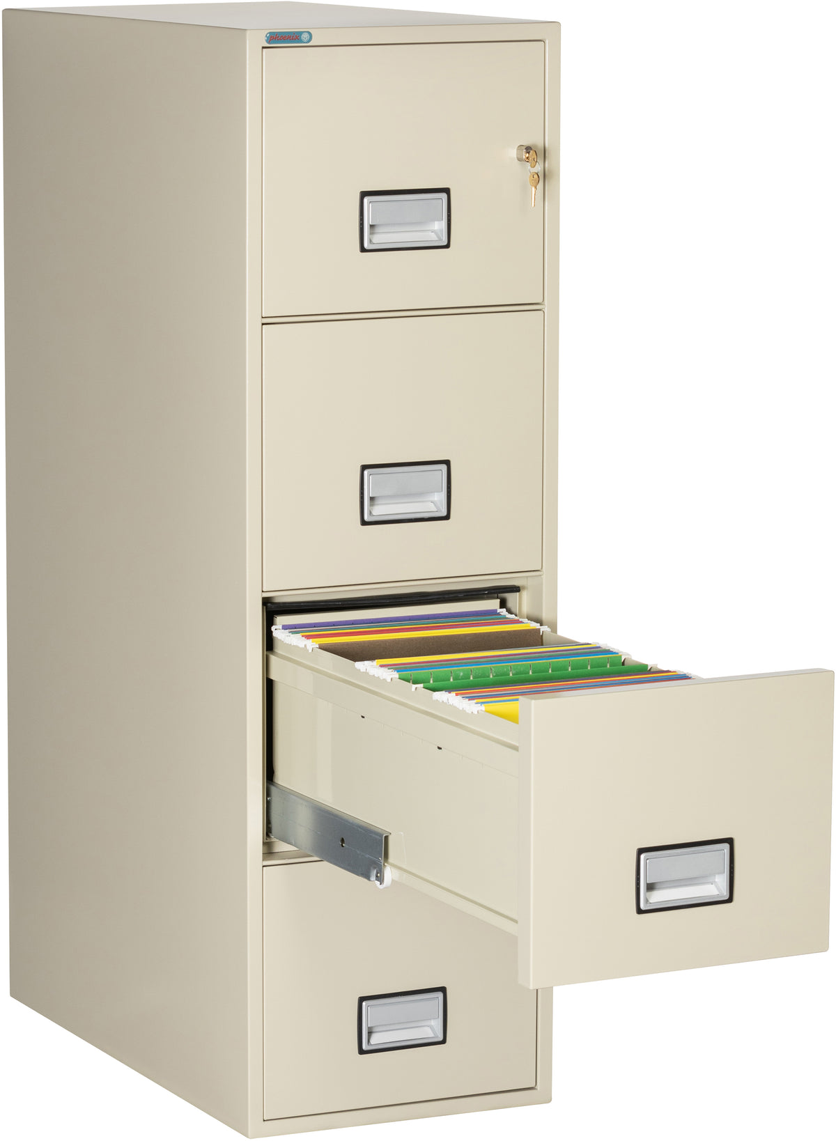 Phoenix Safe LTR4W31 31&quot; 4 Drawer Letter Vertical Fire File Cabinet Putty Third Drawer Open