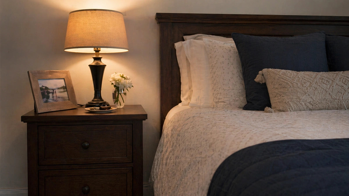A cozy bedroom with a made bed beside a nightstand with a drawer that could fit a compact safe.