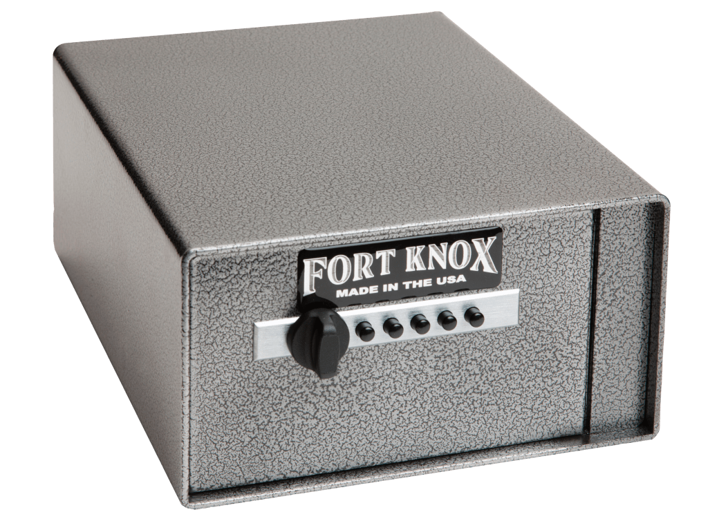 Fort Knox PB4 Personal Pistol Safe shown from a front three-quarter angle in silver hammertone finish with a Simplex 5-button mechanical pushbutton lock and turn knob on the pull-out drawer face, "FORT KNOX MADE IN THE USA" nameplate, compact tabletop pistol-box form factor