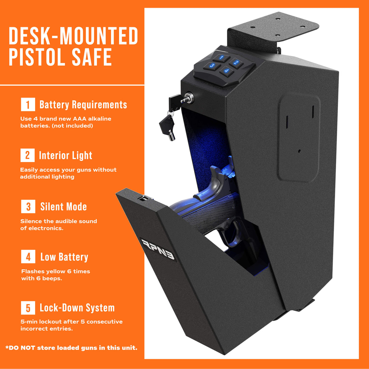RPNB RP311E Digital Keypad Handgun Safe with Quick Access Drop Down Lid Desk-Mounted Pistol Safe
