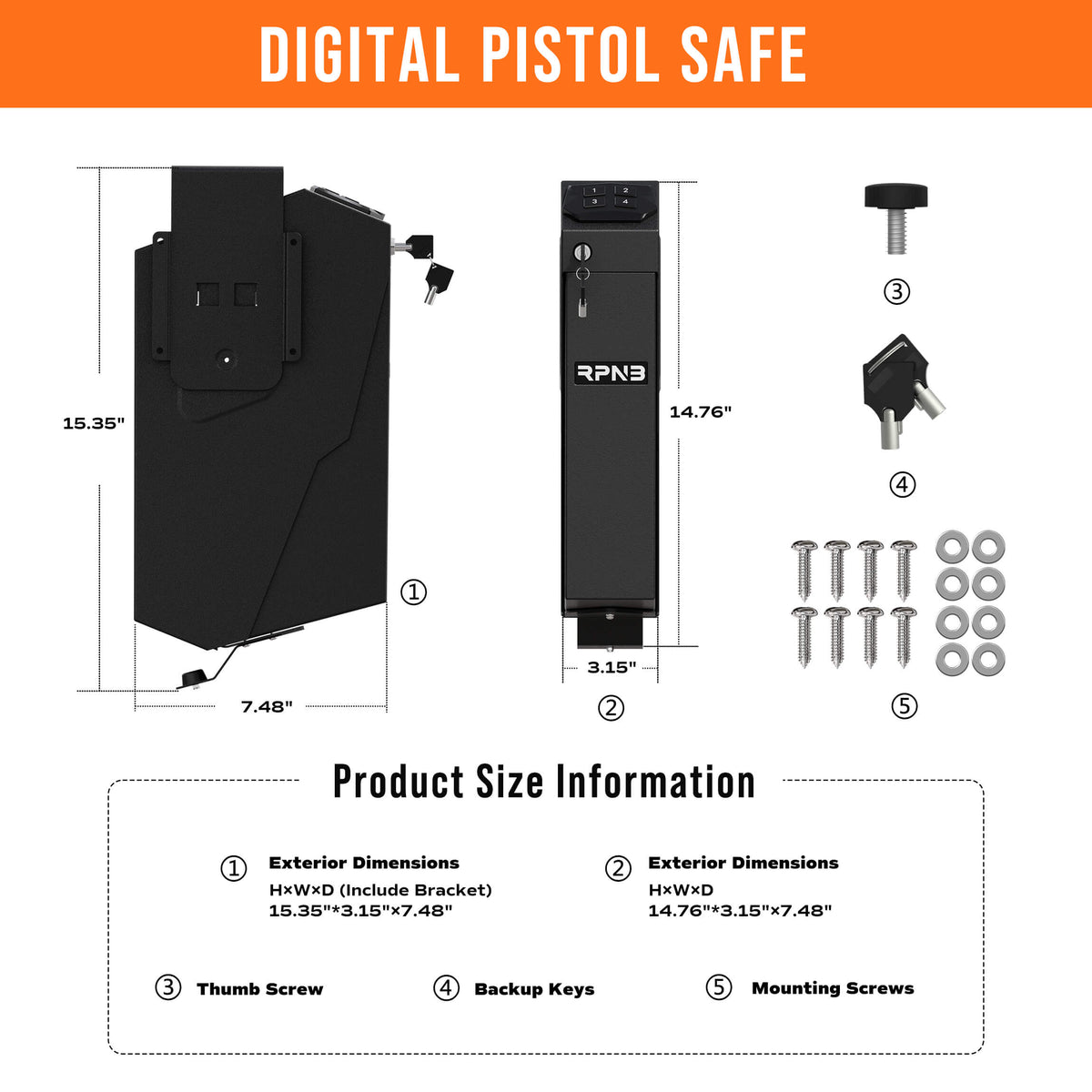 RPNB RP311E Digital Keypad Handgun Safe with Quick Access Drop Down Lid Dimensions