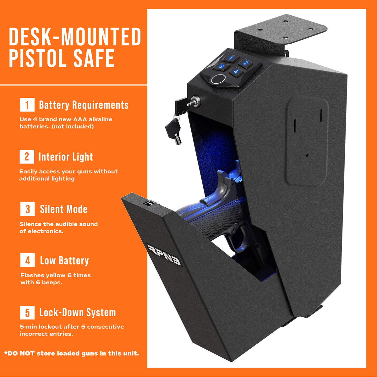 RPNB RP311F Fingerprint Handgun Safe with Quick Access Drop Down Lid Desk-Mounted Pistol Safe