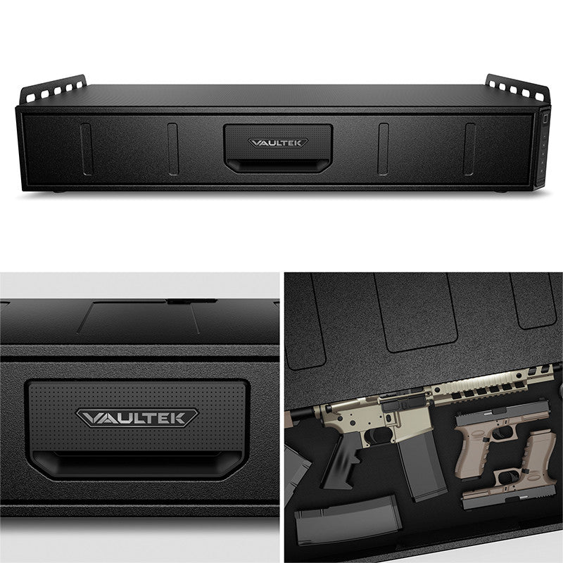 Composite of the Vaultek SLV200i showing side rail plates, Vaultek badge close-up, and interior with rifle and pistol