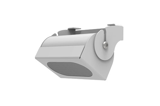 Contacta STS-S23 overhead speaker in RAL 9006 powder-coated steel, sealed enclosure with mounting bracket and pivot