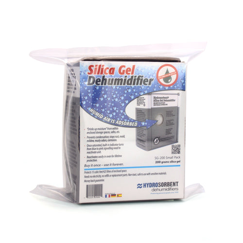 Silica gel dehumidifier package with text on a white background