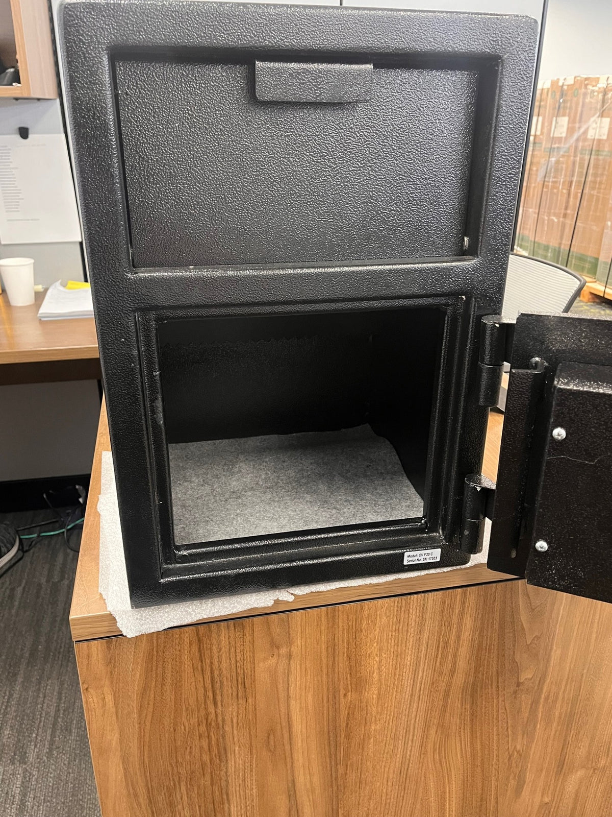 View of the front of the safe with the door opened. 