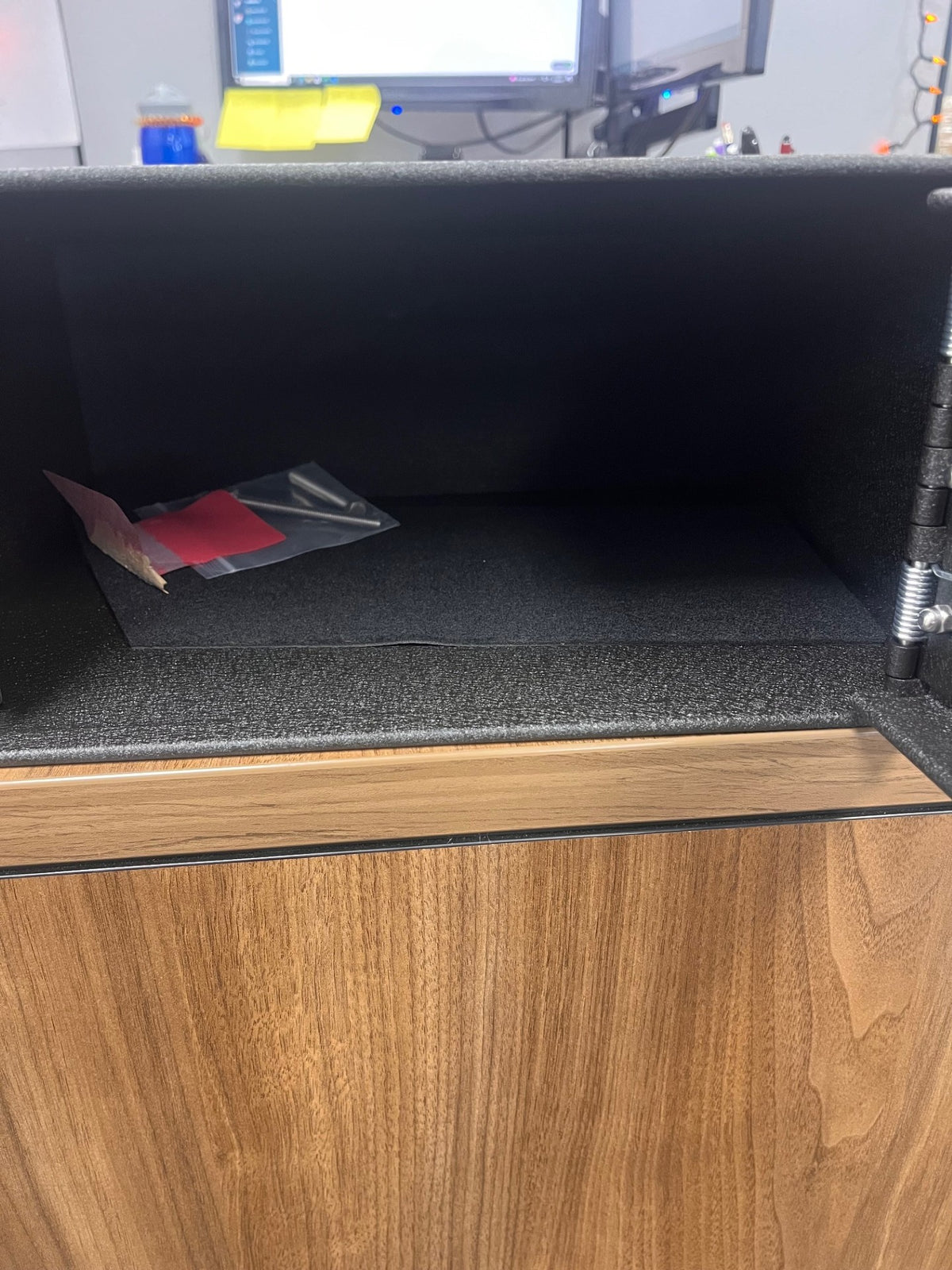 Close-up of the inside of the safe. It comes with two bolt down screws. 