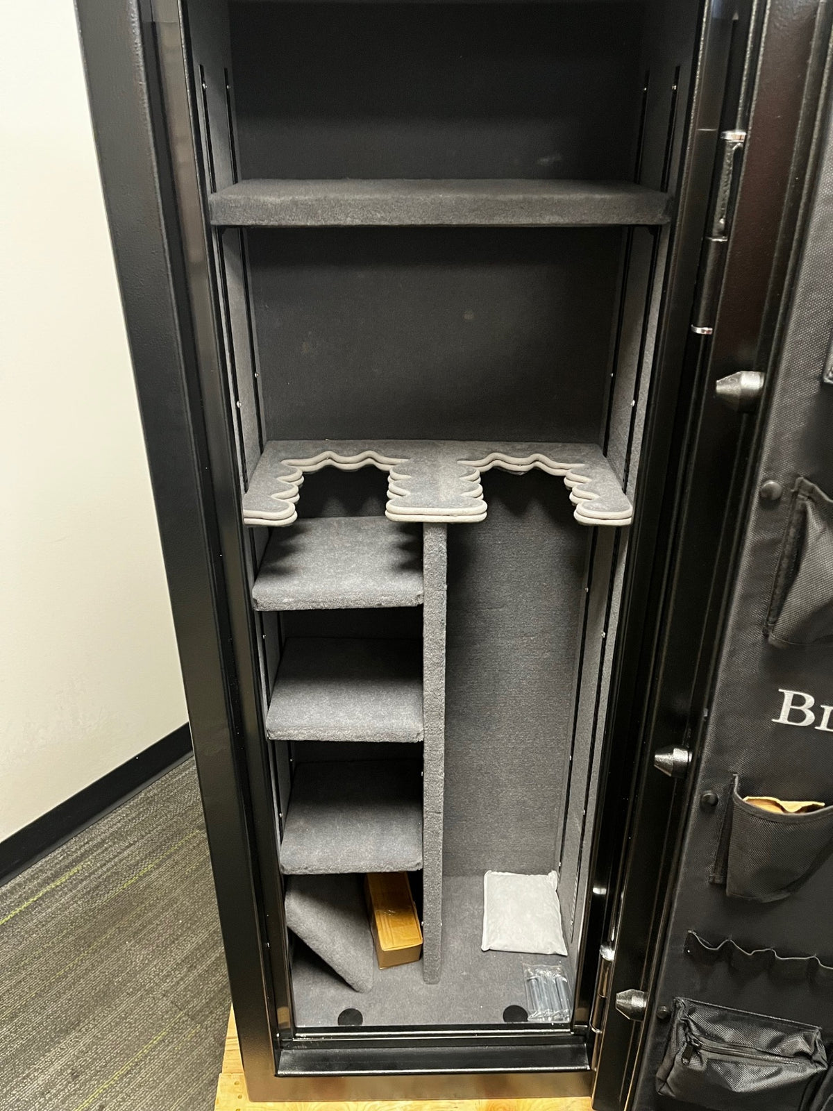 Close-up view of the inside of the safe. 