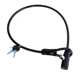 Titan Cable Lock in black with 24-inch coated steel cable in a rounded loop, cylindrical lock body at the lower left, and two silver keys attached to the far end of the cable, white background