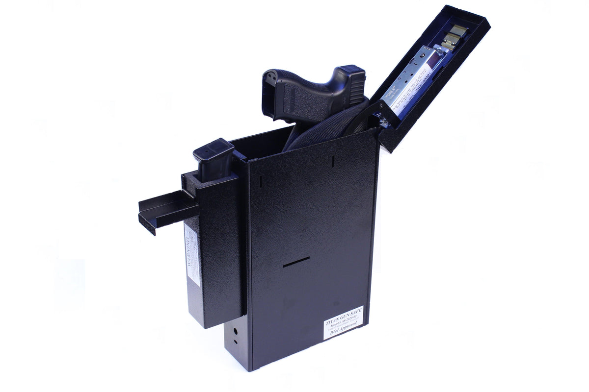 Titan A-Box installed on a Titan Pistol Vault (Model AS-2020-02, California DOJ approved) with the vault door open showing a Glock pistol inside, demonstrating the A-Box mounted alongside the vault for compliance with jurisdictions requiring ammunition to be stored separately from the firearm