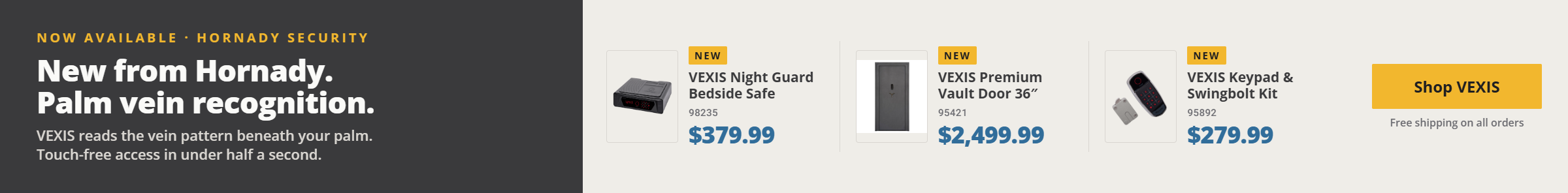 Promotional banner for the Hornady VEXIS palm vein biometric lock line, including Premium Vault Doors and Mobilis quick-access safes. Sub-second recognition with no fingerprints, PINs, or keys required.