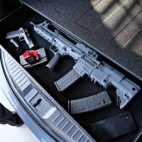 Vaultek ViSSN RS Slider Under Bed Safe In back of vehicle open with rifle