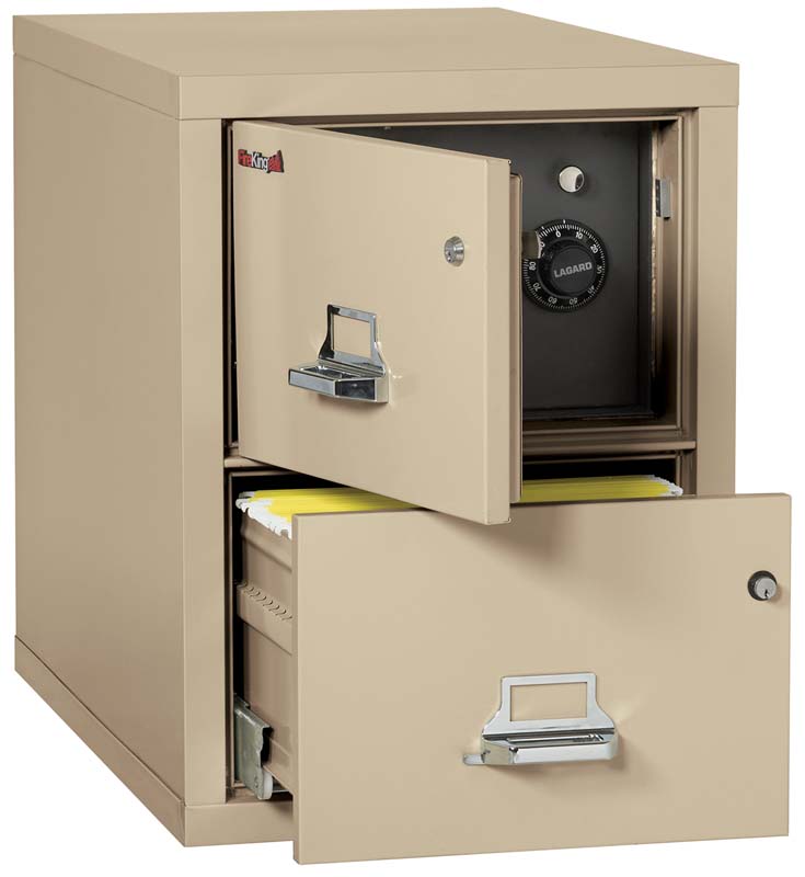 FireKing 2-2131-CSF 2 Drawer Legal Safe In A Fire File Cabinet Parchment Top Door & Bottom Drawer Open
