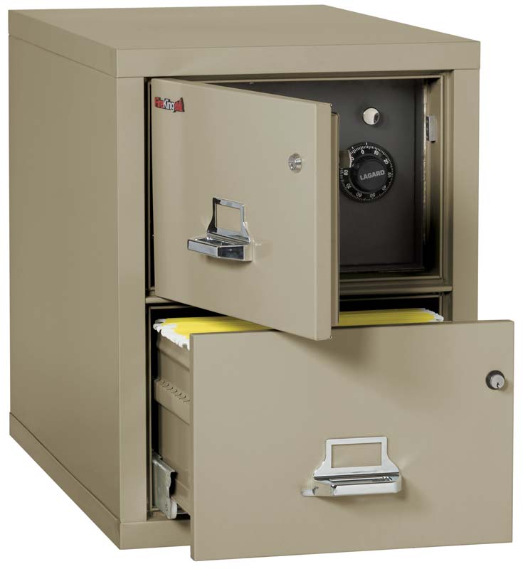 FireKing 2-2131-CSF 2 Drawer Legal Safe In A Fire File Cabinet Pewter Top Door & Bottom Drawer Open
