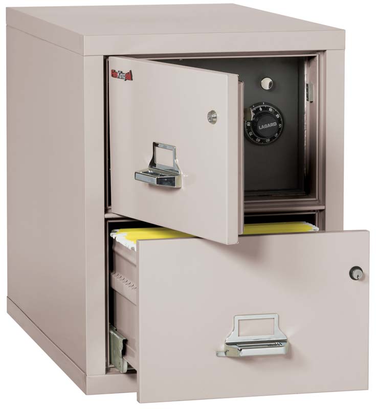 FireKing 2-2131-CSF 2 Drawer Legal Safe In A Fire File Cabinet Platinum Top Door & Bottom Drawer Open