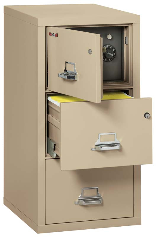 FireKing 3-2131-CSF 3 Drawer Legal Safe In A Fire File Cabinet Ivory White Top Door &amp; Second Drawer Open Parchment