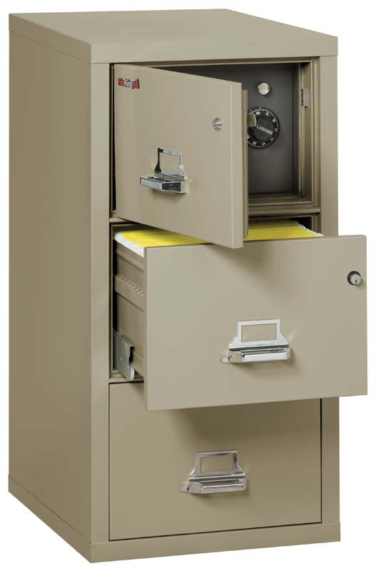 FireKing 3-2131-CSF 3 Drawer Legal Safe In A Fire File Cabinet Ivory White Top Door &amp; Second Drawer Open Pewter