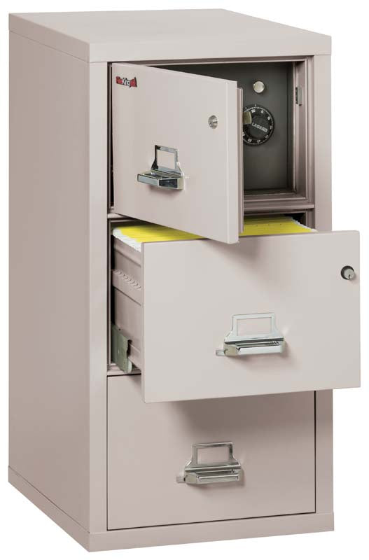 FireKing 3-2131-CSF 3 Drawer Legal Safe In A Fire File Cabinet Ivory White Top Door &amp; Second Drawer Open Platinum