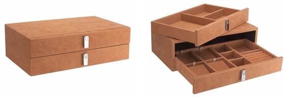 Jewelry Drawer — brown wooden jewelry storage box with multiple compartments and lift-up lid