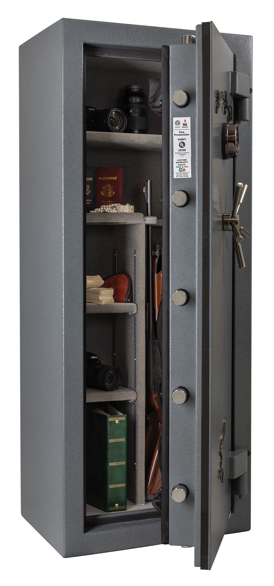 AMSEC NF5924 Gun Safe with door partially open and contents visible.