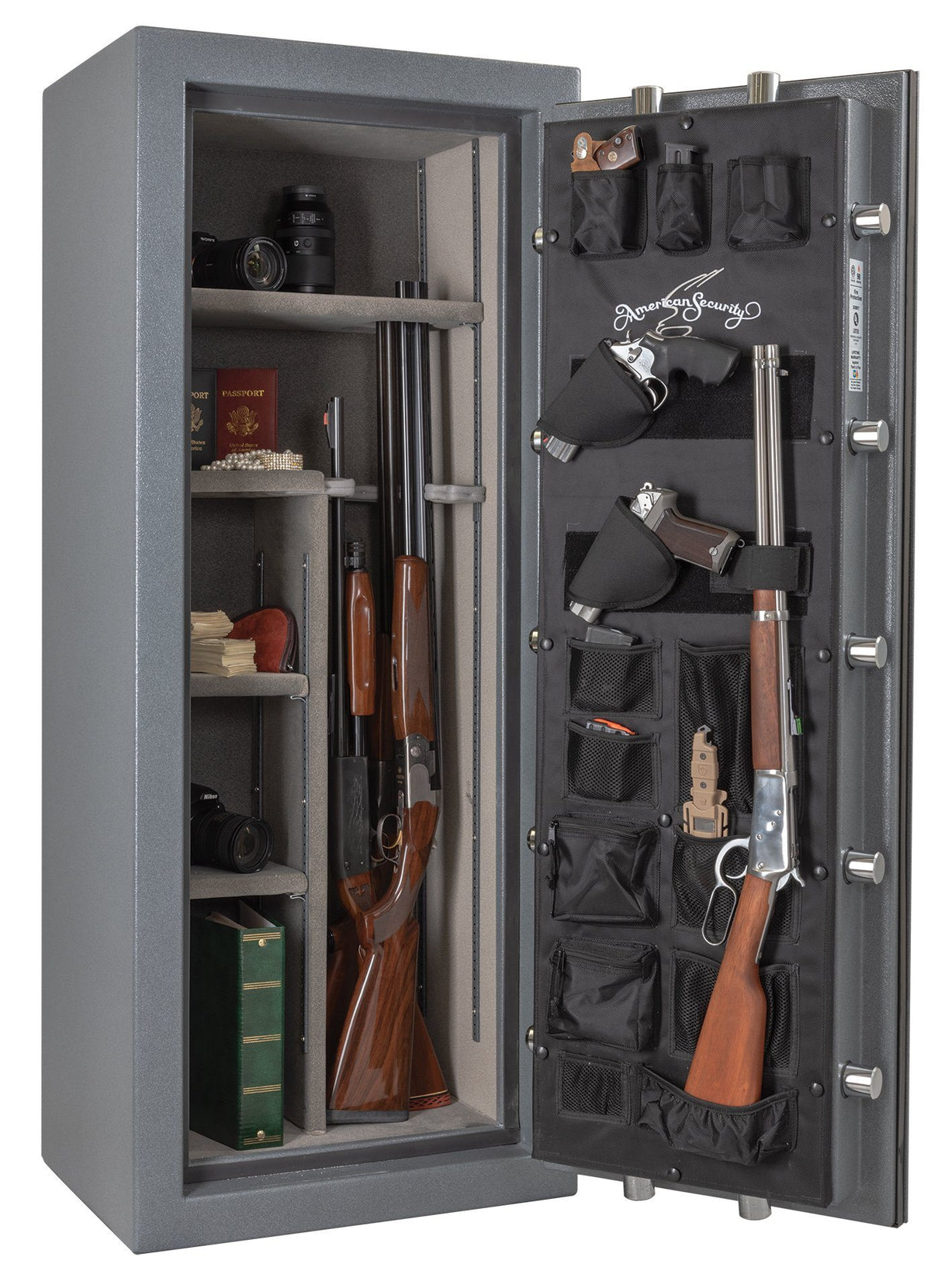 AMSEC NF5924 gun safe with door open and contents visible. 