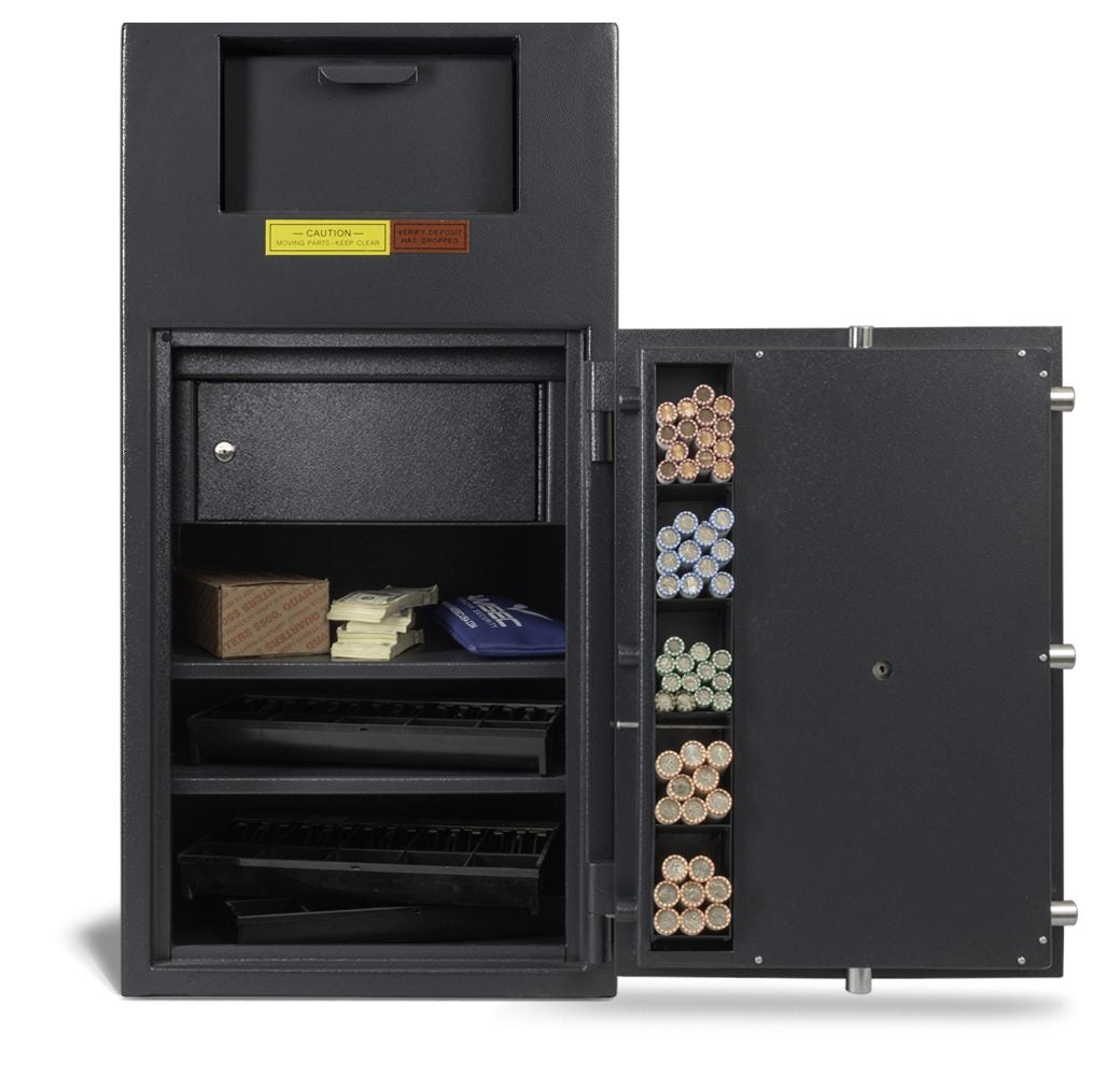AMSEC BWB3020FL Wide Body Deposit Safe Door Wide Open with Cash Trays and Coin