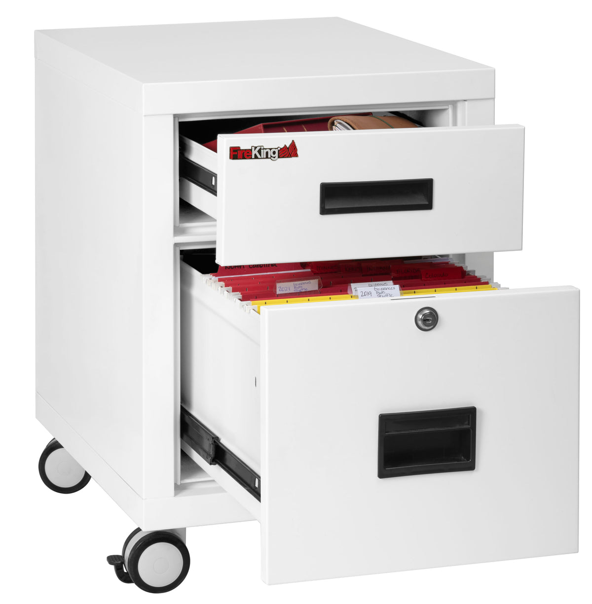 FireKing Mobile Pedestal Fire Rated File Cabinet Arctic White Drawers Open