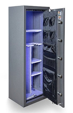 Hollon Black Hawk gun safe interior with door open showing LED-lit adjustable shelving and canvas pocket door organizer