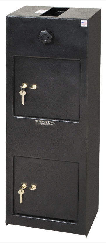 Perma-Vault Safe dual compartment safe with two separate keyed compartments and a slot on the top.