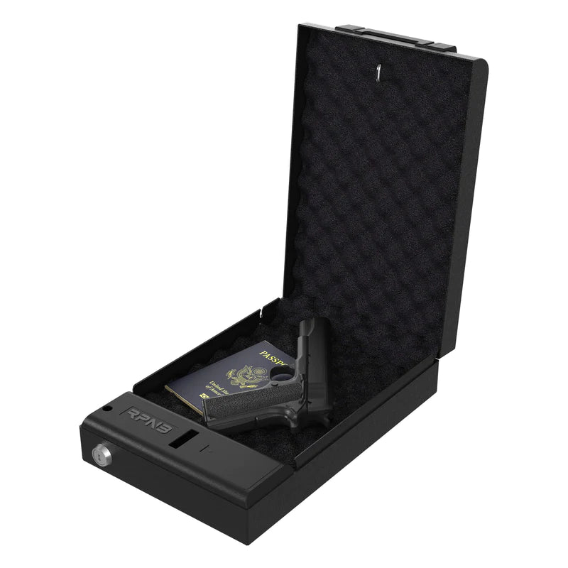 RPNB RP19005 Portable Pistol Safe with Fingerprint Lock Door Open with Handgun