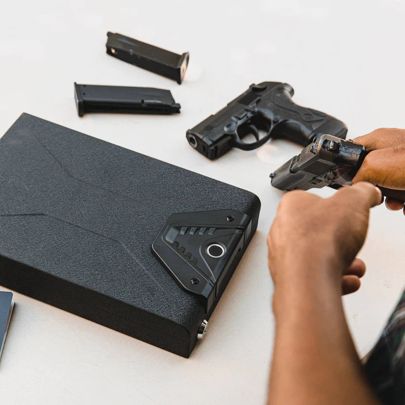 RPNB RP19005 Portable Pistol Safe with Fingerprint Lock Closed with Handguns