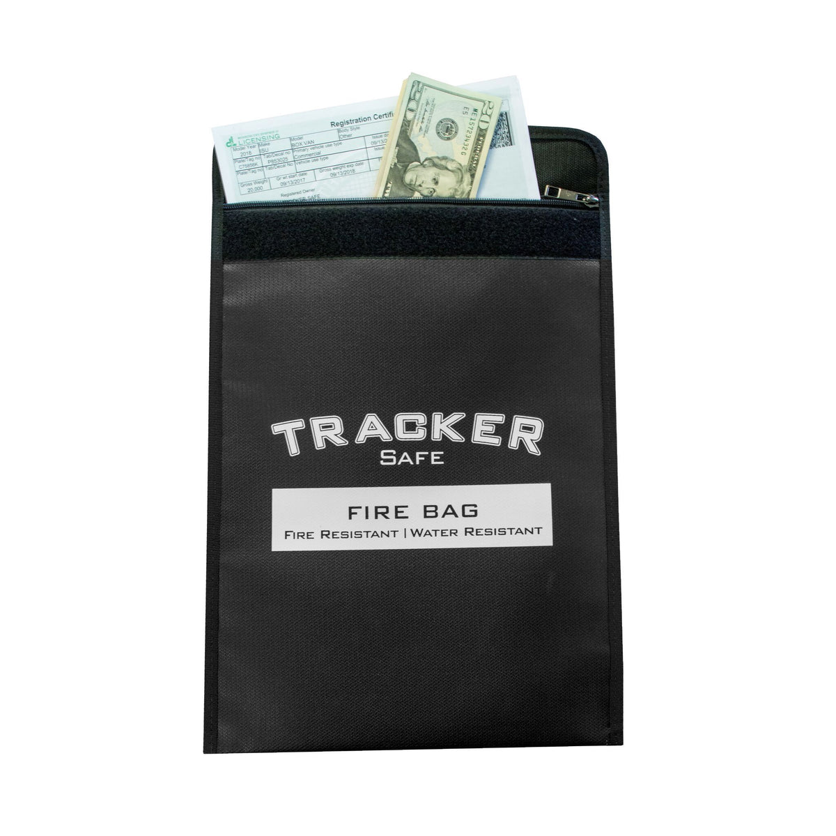 Tracker FB1511 Fire &amp; Water Resistant Bag with Cash &amp; Papers Sticking Out 2