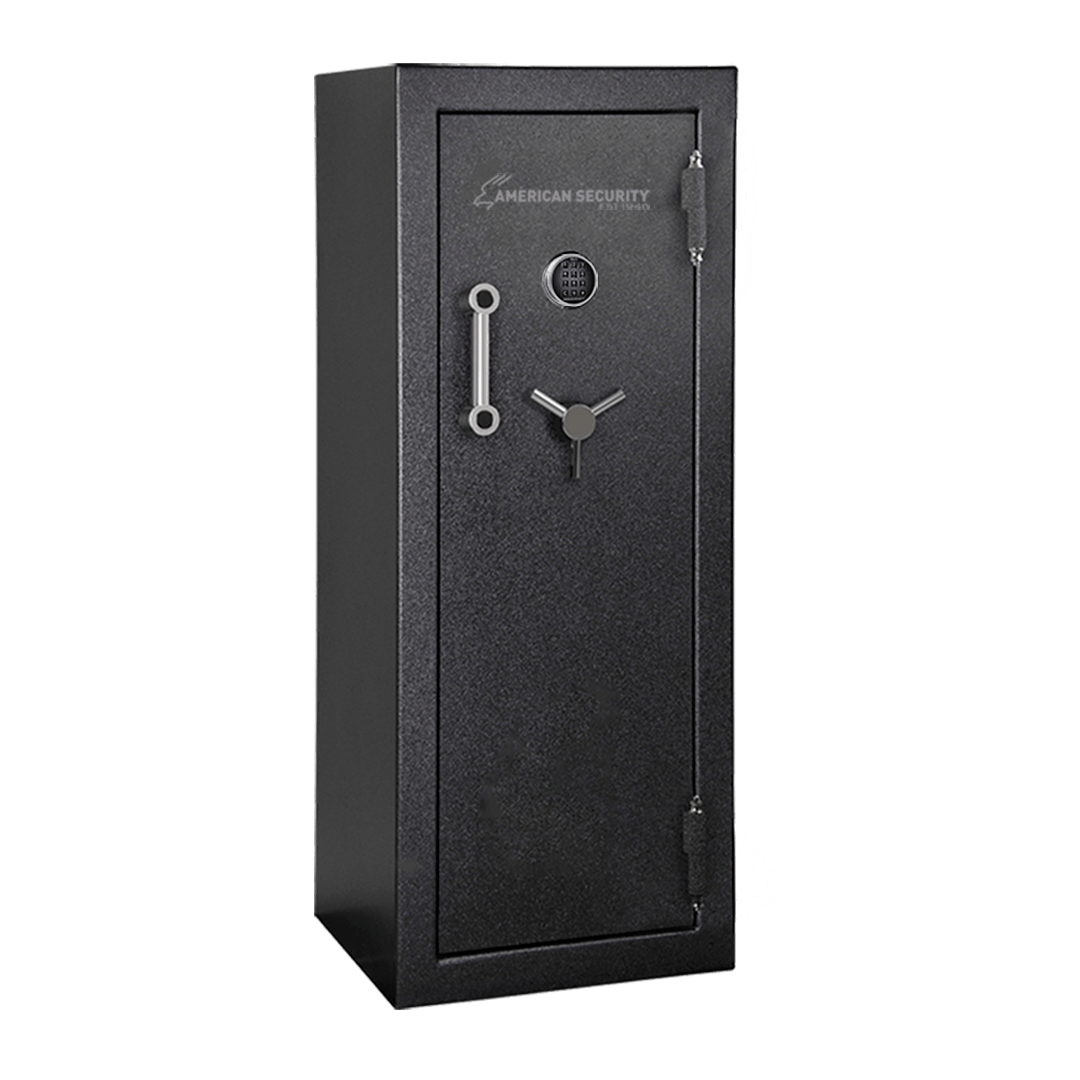AMSEC BFX6024 gun safe in black textured finish showing front door, pull handle, and digital keypad lock — Made in USA, 2-hour fire rated