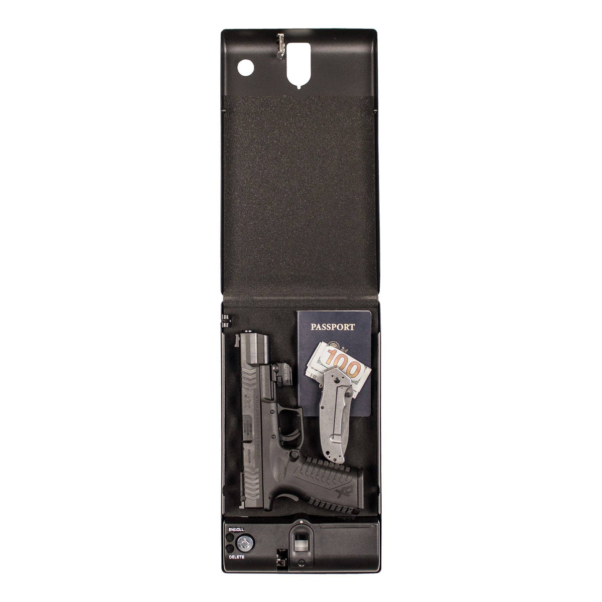 Tracker SPS-04B Small Pistol Safe With Biometric Lock Open with Handgun Knife and Passport