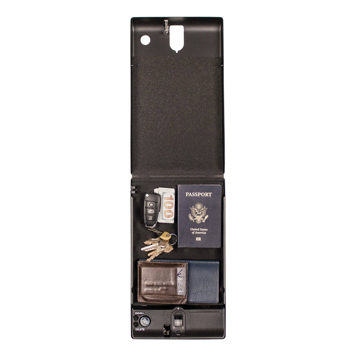 Tracker SPS-04B Small Pistol Safe With Biometric Lock with Keys Wallet and Passport