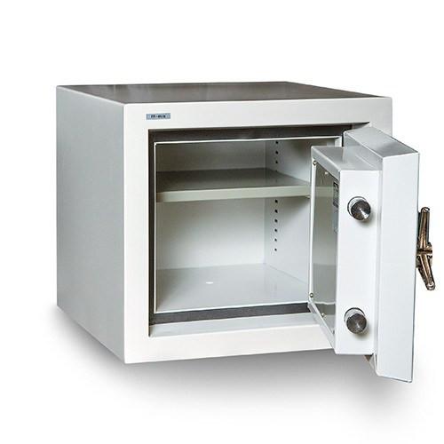 Hollon FB-450C fire and burglary safe in grey-white with door fully open showing the 1.23 cubic foot interior compartment with one adjustable shelf, chrome active locking bolts and vertical locking bar visible along the door edge