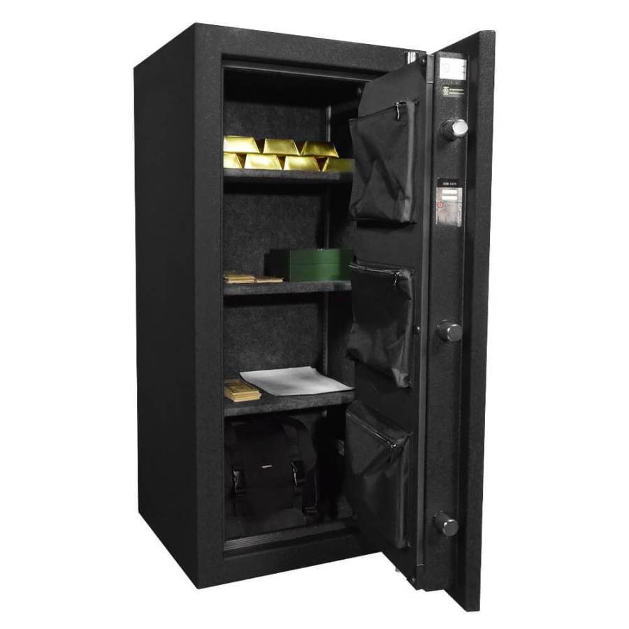 Stealth HS14 UL Home and Office Safe Door Open Gold On Top Shelf and Contents on Other Shelves