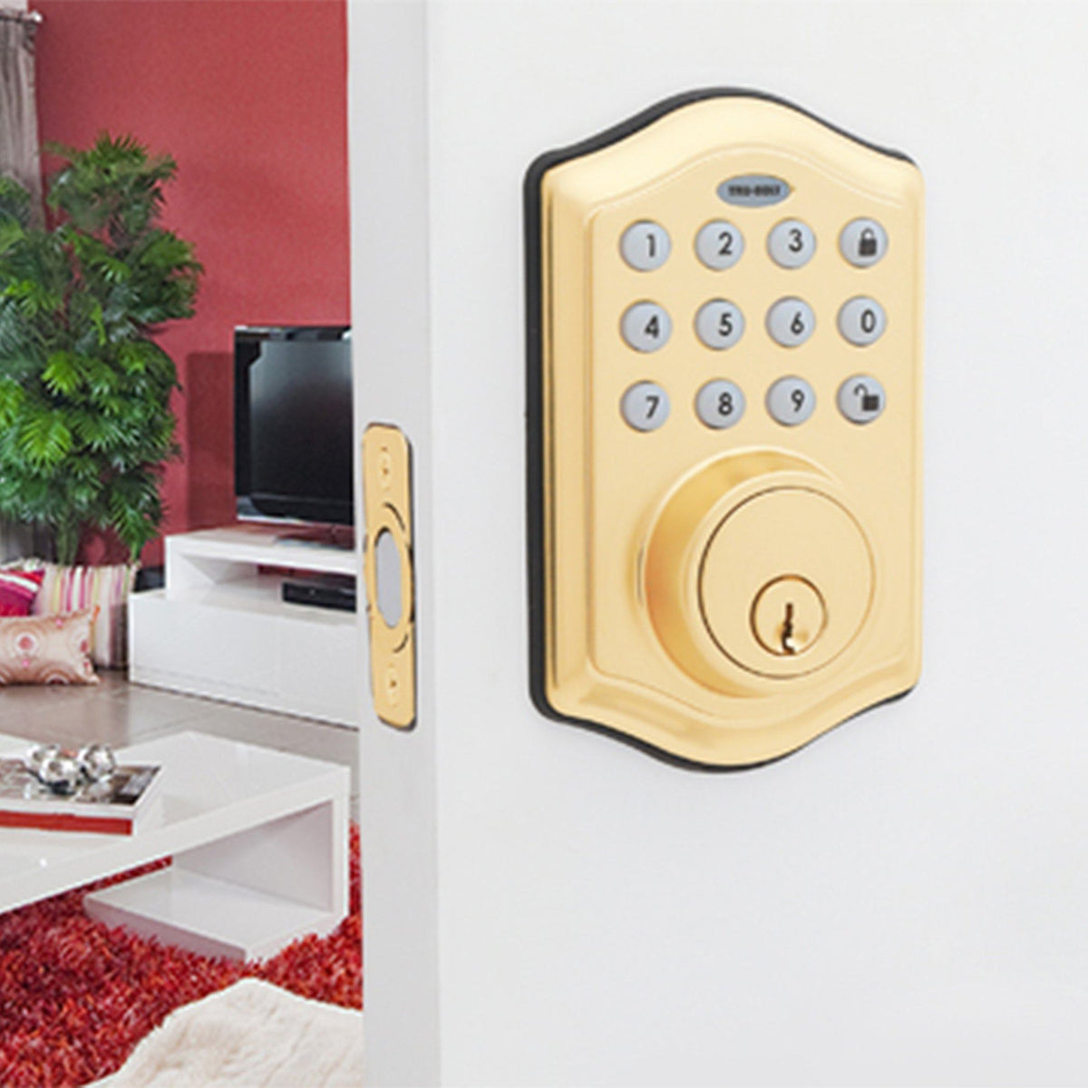 Honeywell 8712009 Electronic Deadbolt Door Lock with Keypad in Polished Brass Installed on Door